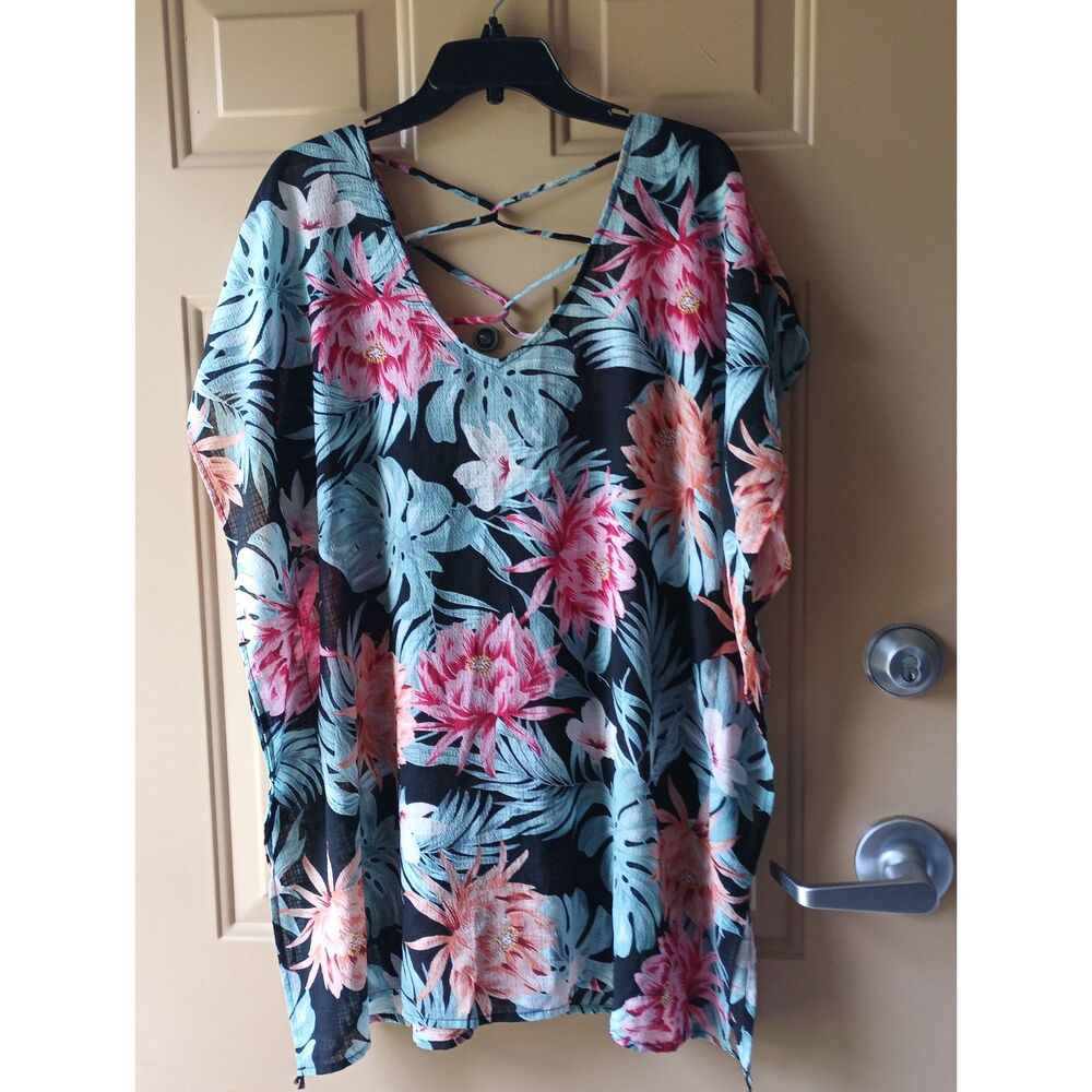 Kona Sol Tropical Print Open Back Swim Cover Up Top Medium